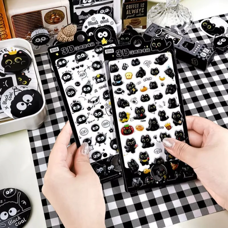 2장의 귀여운 검은 고양이 3D 플로팅 스티커, 휴대폰 스크랩북 저널 DIY 공예 장 엠보싱 데칼