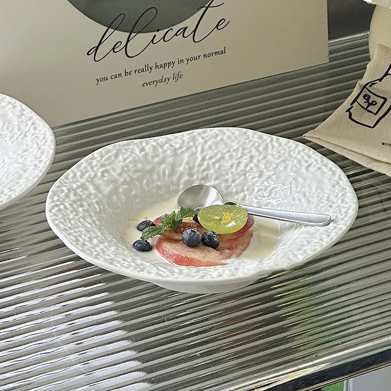 Embossed Ceramic Dinner Plate Light Luxury Creative White Deep Plate Household Dessert Salad Kitchen Tableware