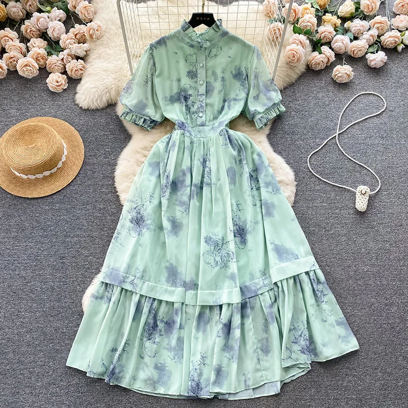 

Summer Women Tie Dye Floral Chiffon Long Dress Elegant Ruffle Single Breasted Short Sleeve High Waist A-Line Maxi Vestidos New