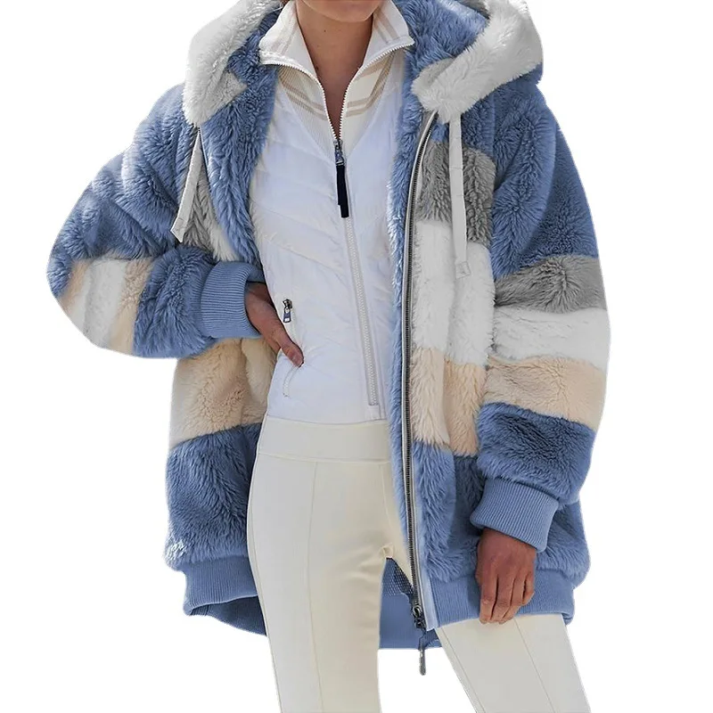 Women's Clothing Wear New Autumn Winter Loose Striped Plush Multi Color Hooded Coat Casual Loose Fashion Zipper Warm Tops