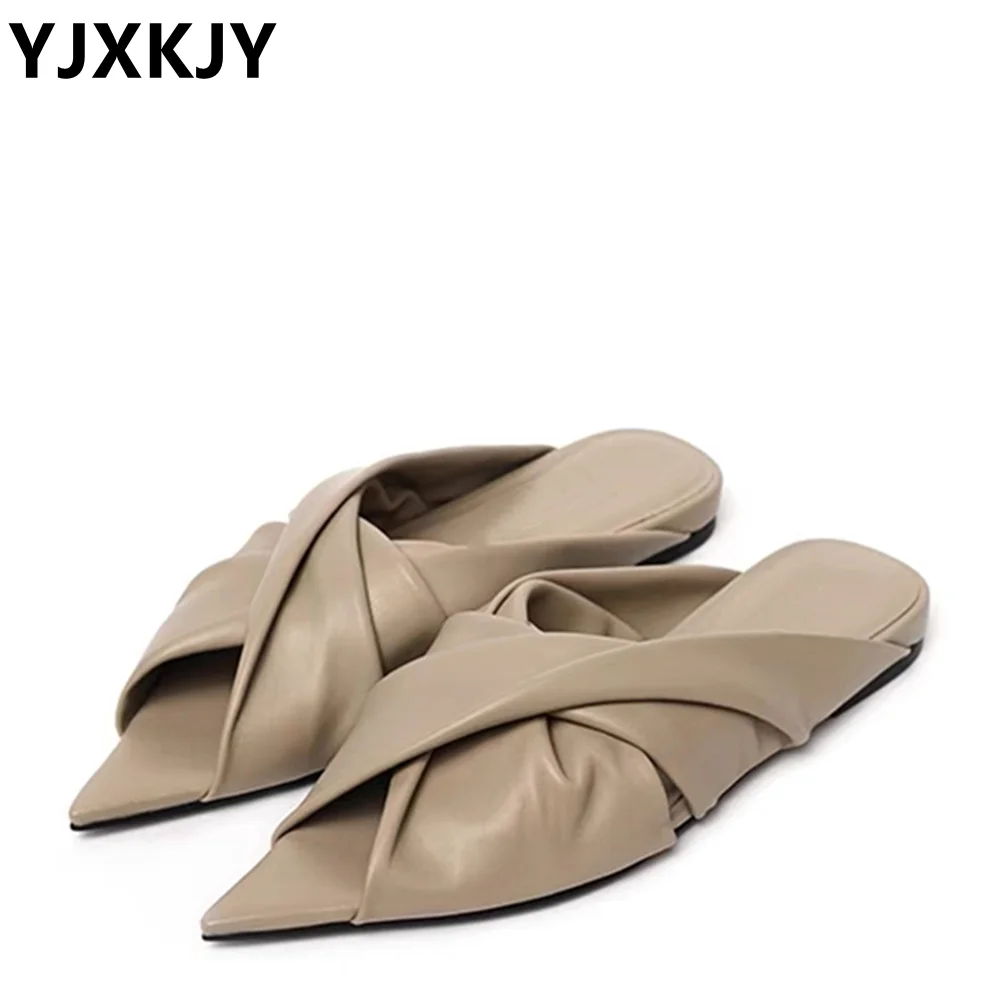 

YJXKJ Natural Sheepskin Pointed Toe Women Genuine Leather Sandals Flat Heel Slides Ladies Casual Slippers Summer Fold Lazy Shoes