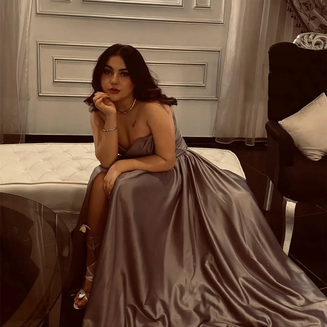 

Vintage Long Satin Evening Dresses With Pockets A-Line فساتين السهرة Muslim Floor Length Party Dresses With Slit for Women