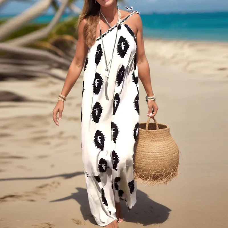

Sexy Pattern Print Sleeveless Asymmetric Dress Summer One Shoulder Party Dress Fashion Diagonal Collar Holiday Loose Beach Dress