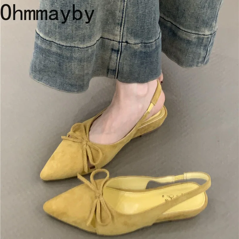 Summer Women's Low Heel Sandals Butterfly-knot Pointed Toe Shoes Ladies Evening Dancing Party Slingback Shoes