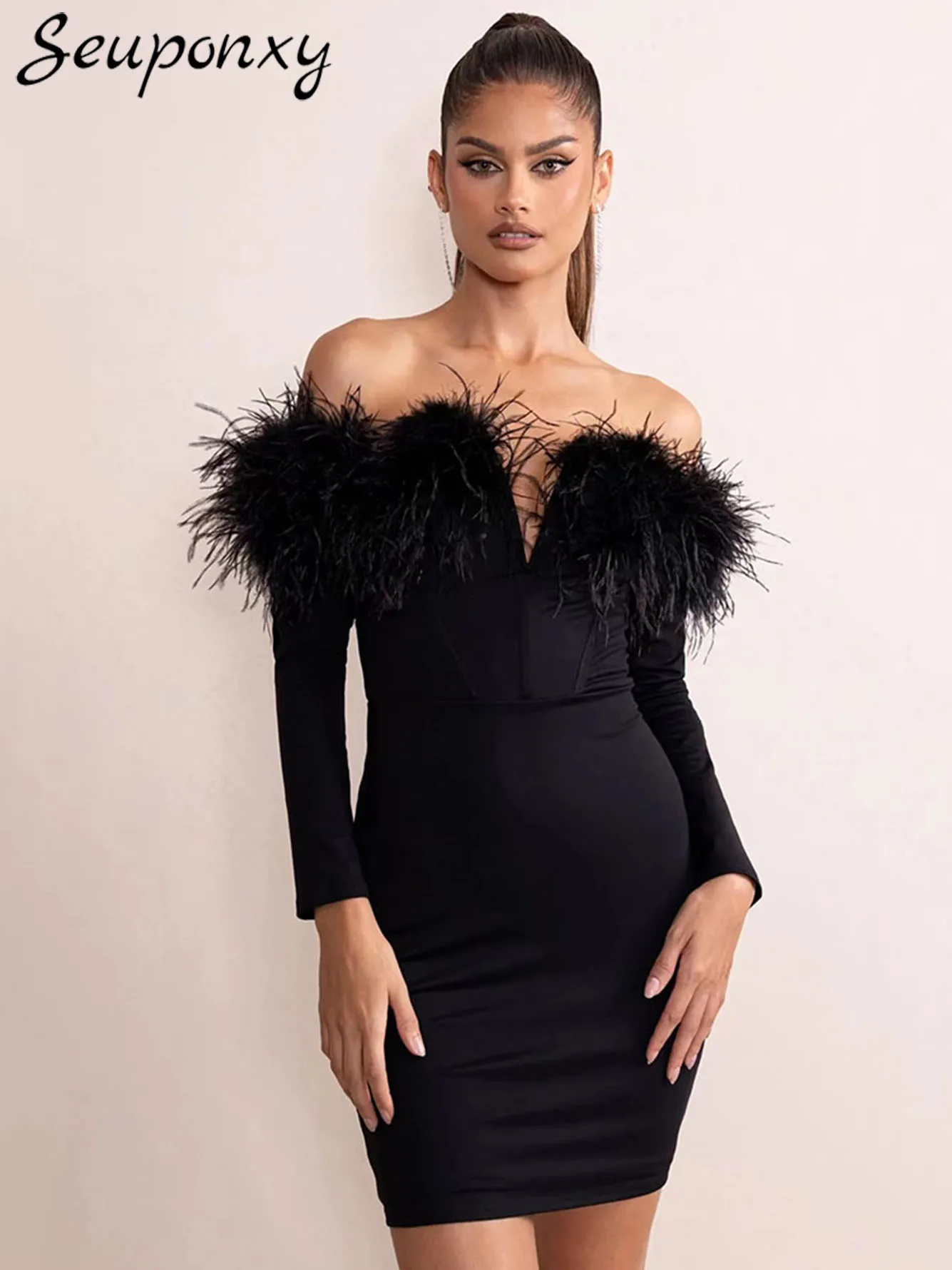 

High Quality Women's Fashion Black Bandage Dress 2023 Sexy Off Shoulder Long Sleeve Luxury Feather Elegant Evening Party Dress