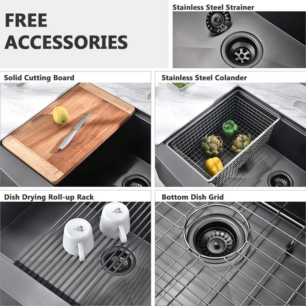 33 Black Farmhouse Kitchen Sink Workstation-VASOYO 33x22 Black Stainless Steel Farmhouse Sink Apron Front Workstation Kitchen
