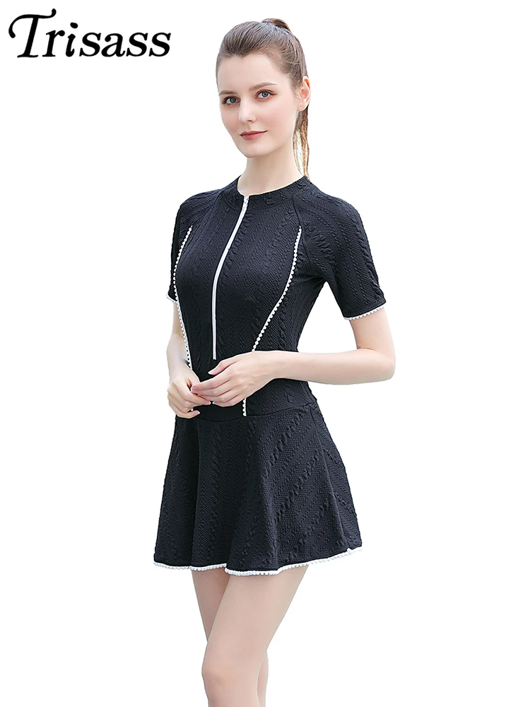 

Trisass 2024 новый цельный женский купальник с юбкой с коротким рукавом УФ-защита Монокини короткие брюки боди купальный костюм