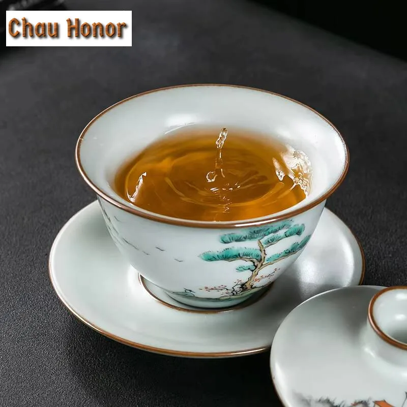 170ml Ancient Hand-painted Landscape Gaiwan Handmade Ru Kiln Porcelain Bowls Tea Tureen Tea Maker Cover Bowl Teaset Decoration