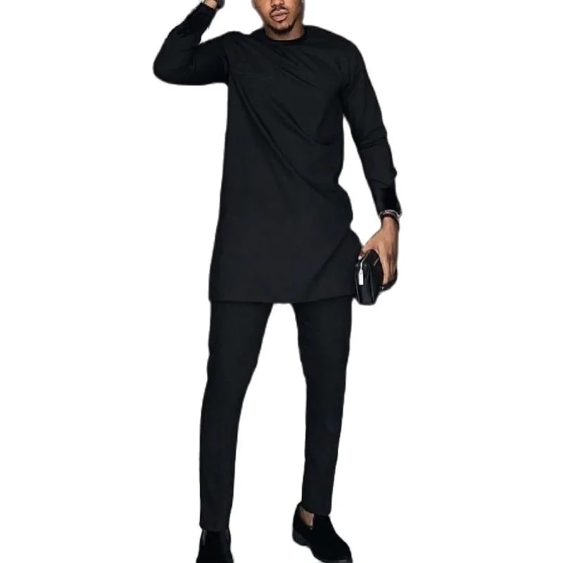 2023 New African fashion solid black men's pant sets senator style male groom suits plus size party wear African clothes