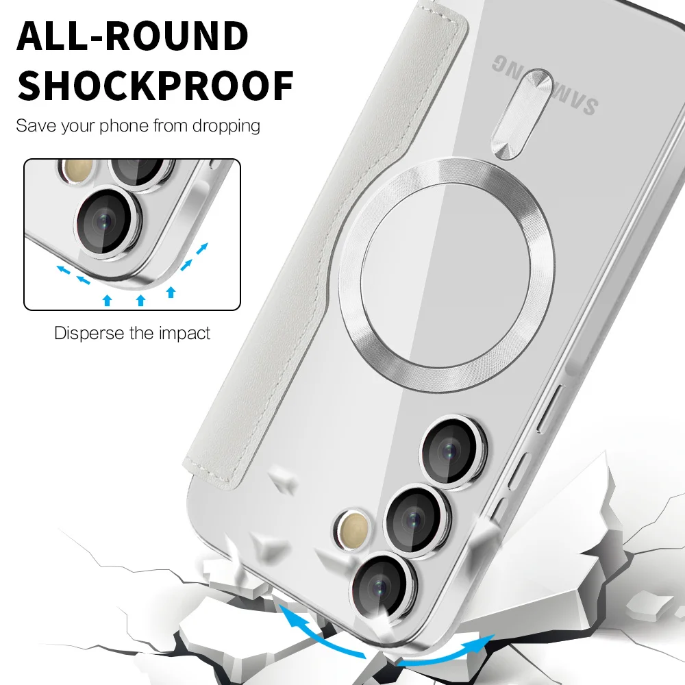 Luxury Flip Leather Magnetic Phone Case with Card Clip and Plating Clear Wallet Cover
