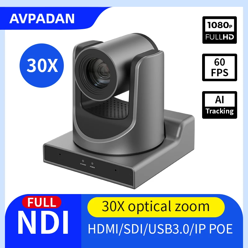 AVPADAN AI 추적 비디오 회의 라이브 스트리밍 카메라, PC 컴퓨터 노트북용 POE 포함, 30X 줌 카메라, 1080P, 60fps NDI HX2