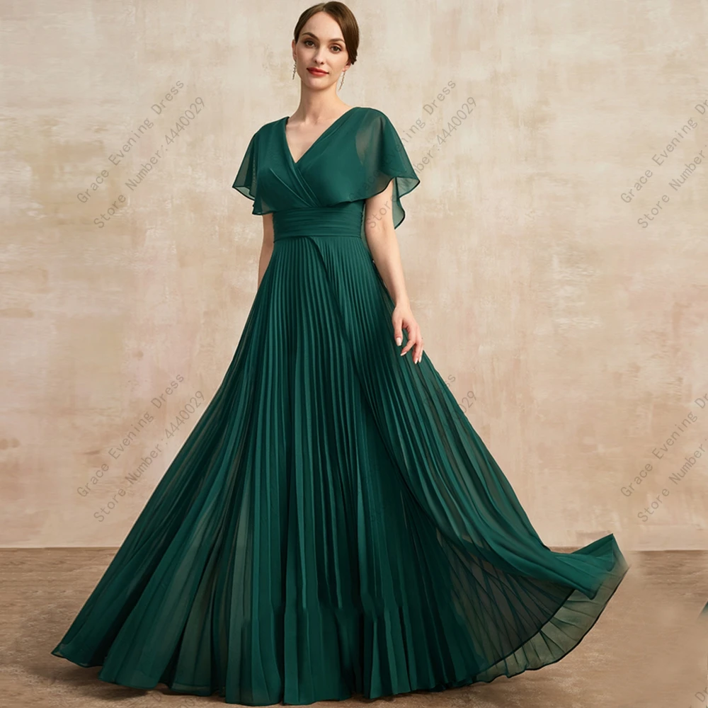 Fashion Green Chiffon Mother of Bride Dresses Fuffles Pleat Summer New Floor Length Wedding Party Gown Sleeveless Zipper