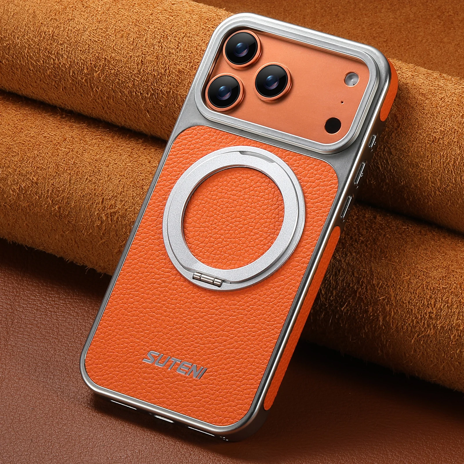 Sleek Leather Magnetic Phone Case with 360° Rotating Stand and Magsafe Wireless Charging Compatibility