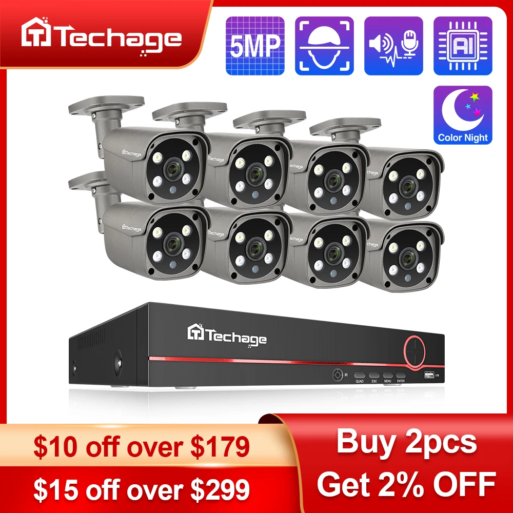Techage Security Camera System 8Ch 5Mp Hd Poe Nvr Kit Cctv Audio Bidirezionale Ai Face Detect Set Di Telecamere Ip Di Videosorveglianza Esterna