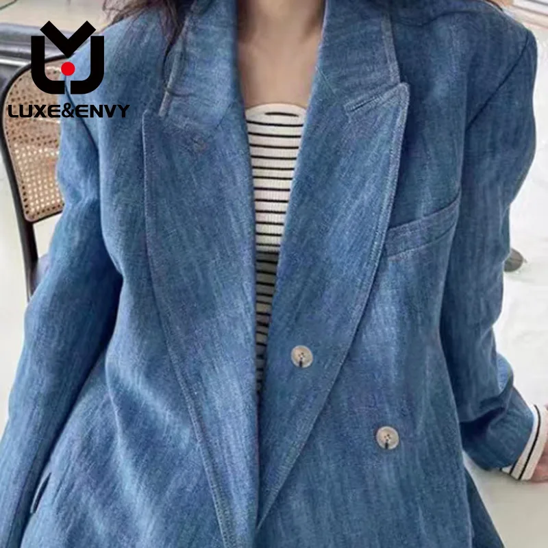 

LUXE&ENVY Korean Niche Light Cooked Fried Street Style Silhouette, Waist Down And Slimming Denim Suit Loose Jacket 2023 Autumn