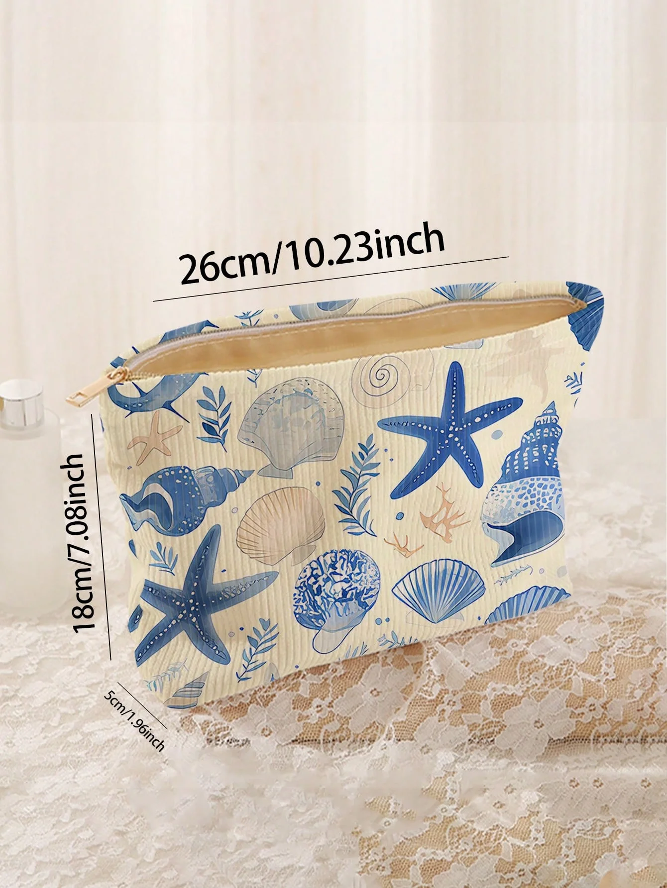 Minimally designed floral printed corduroy zipper makeup bag, lightweight and multifunctional cosmetic storage bag