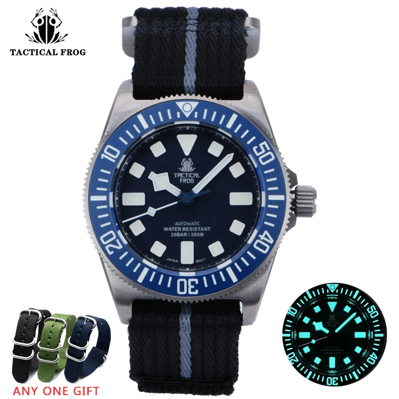 

Tactical Frog FXD V3 Watch Titanium NATO Strap NH35 Automatic Mechanical BGW-9 Luminous Sapphire Blue Dial 200M Dive Watches Men