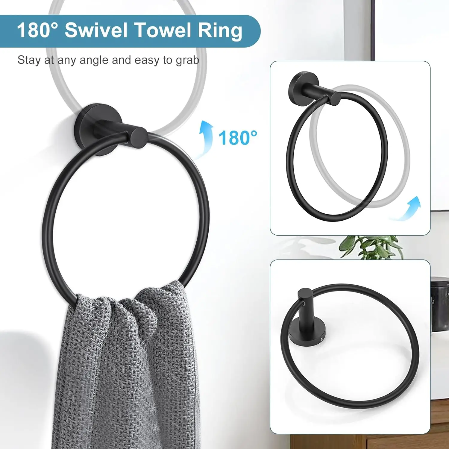 Matte Black Bathroom Hardware Set. 10-Pieces. SUS304 Stainless Steel. 23.6" Round Towel Bar, Racks. Wall Mounted.
