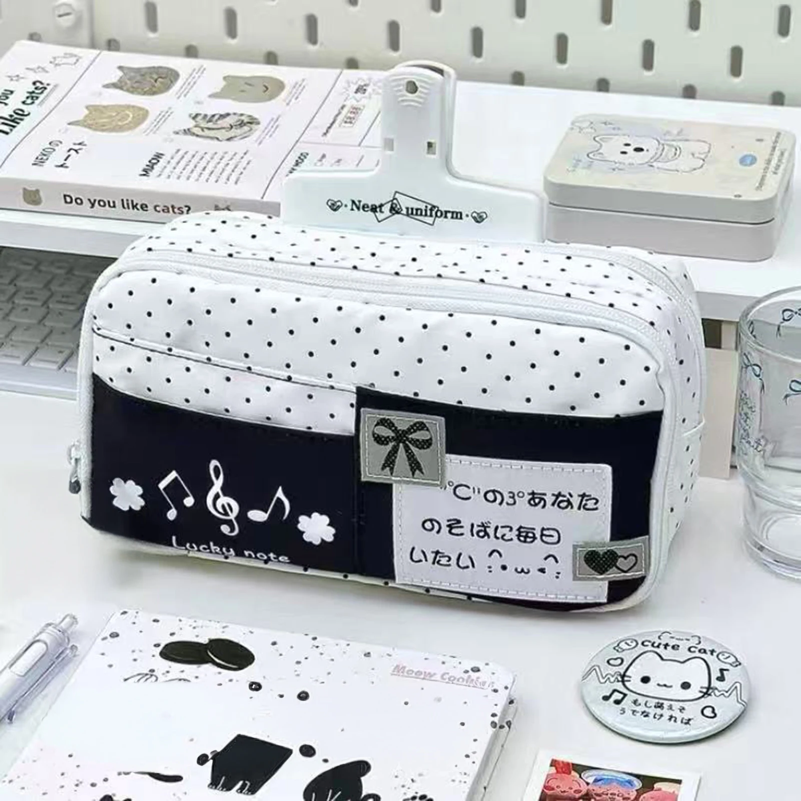 고양이 패턴 연필 케이스, 블루 폴카 도트 디자인 학생용 필통, 학교 용품, 다층 대용량 펜 가방