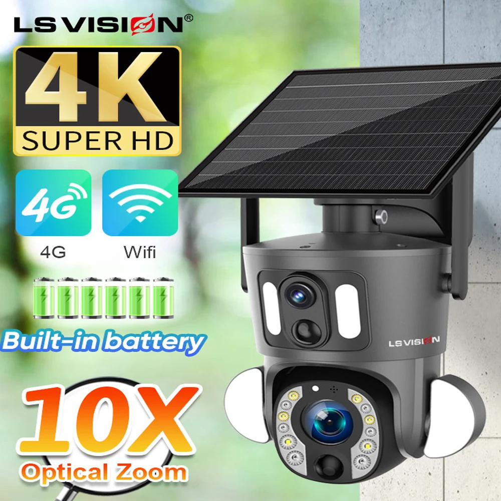 Ls Vision 4G Telecamera Di Sorveglianza 4K 8Mp Dual Screen Wifi Outdoor Solar Cam 9W Batteria Alimentata A Pannello Dual-Video Pir Linkage Cctv