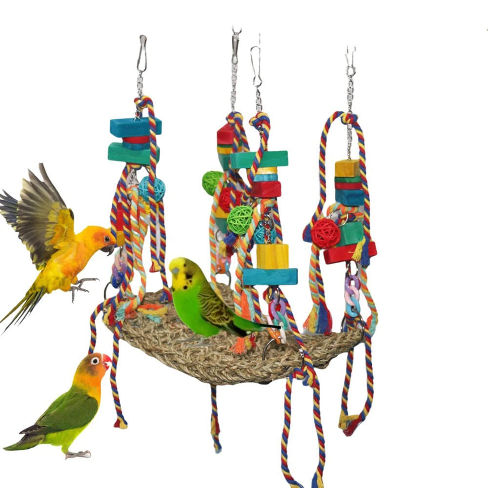 Bird Swing Toys Colorful Parrot Seagrass Mat Hammock with Blocks Bird Cage Accessories Suitable for Small to Medium Birds