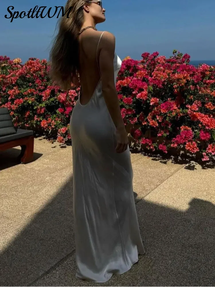

Sexy Solid Satin Backless Sling Maxi Dress Women 2024 Chic Female Sleeveless Slim Dresses Elegant Lady Holiday Party Vestidos