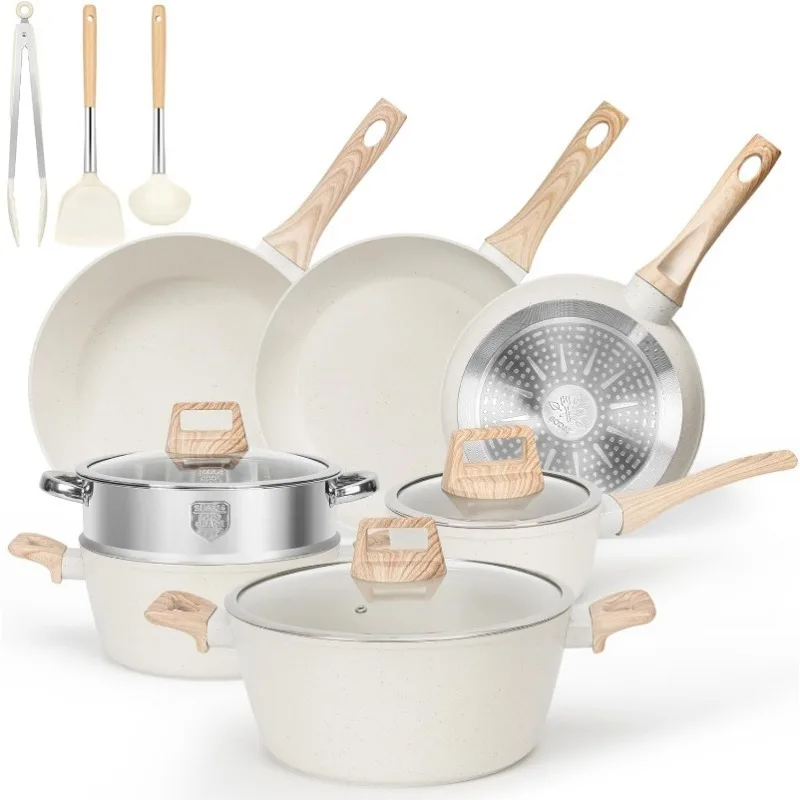 

Pots and Pans Set Non Stick, Kitchen Cookware Sets White Granite Nonstick Cooking Set with Frying Pans, Saucepans, Cookware Sets