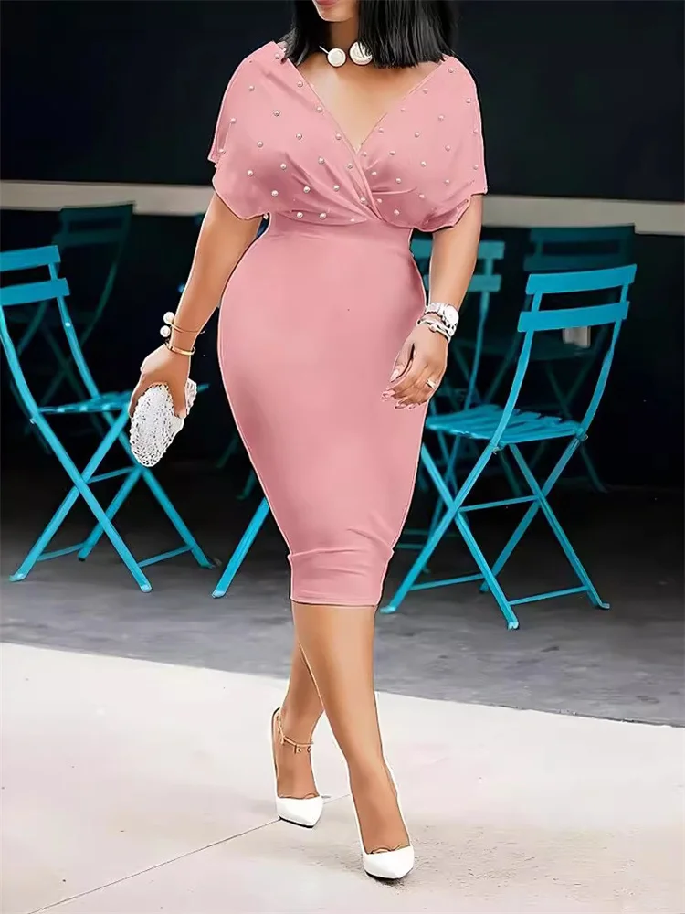 Wmstar Dress Women 2024 Solid Color Strapless V Neck Half Sleeve Back Zipper Bubble Bead Fashion Dresses Wholesale Dropshipping