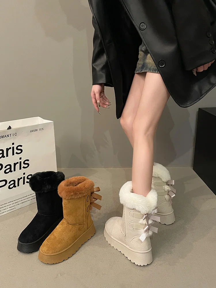 

Женские зимние ботинки, плюшевые ботинки, женская зимняя обувь, круглый носок, плоская подошва, Лолита, мех 2023, женские Искусственные ботинки в римском стиле