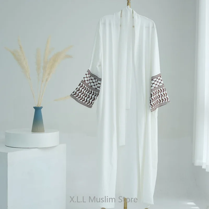 Dubai Islamic Eid Ramadan Modest Abayas White Black Pink Butterfly Embroidery Linen Dress For Women Robe Clothing Musulmane