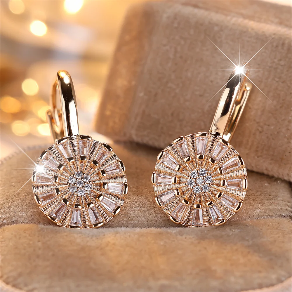 Luxury Crystal White Zircon Round Flower Hoop Earrings For Women Vintage Gold Color Ear Buckle Wedding Jewelry Versatile Gifts