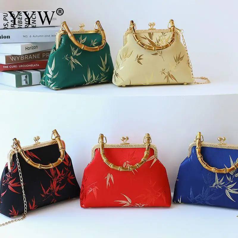 Vintage Chinese Style Women Clutch Handbag Metal Solid Bamboo Handle Brand Designer Crossbody Shoulder Chain Tote Purse Satchel