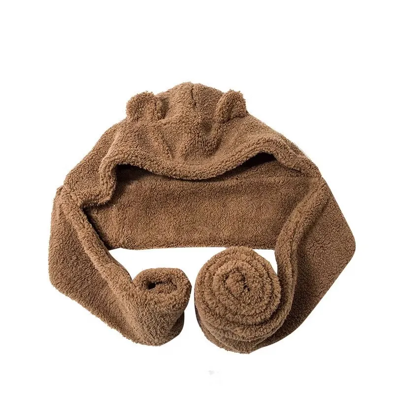 Cute Bear Ears Hat Scarf All-in-one Hat For Women Winter Plush Thickened Warm Ear Protection Scarf 4-piece Set 6