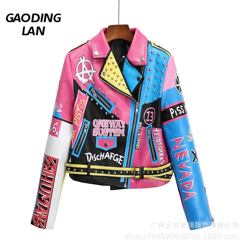 

Letter Graffiti Print Long Sleeve Motorcycle Jacket Women Trendy Contrast Zipper Leather Coat Short Slim Rivet PU Jackets Cool
