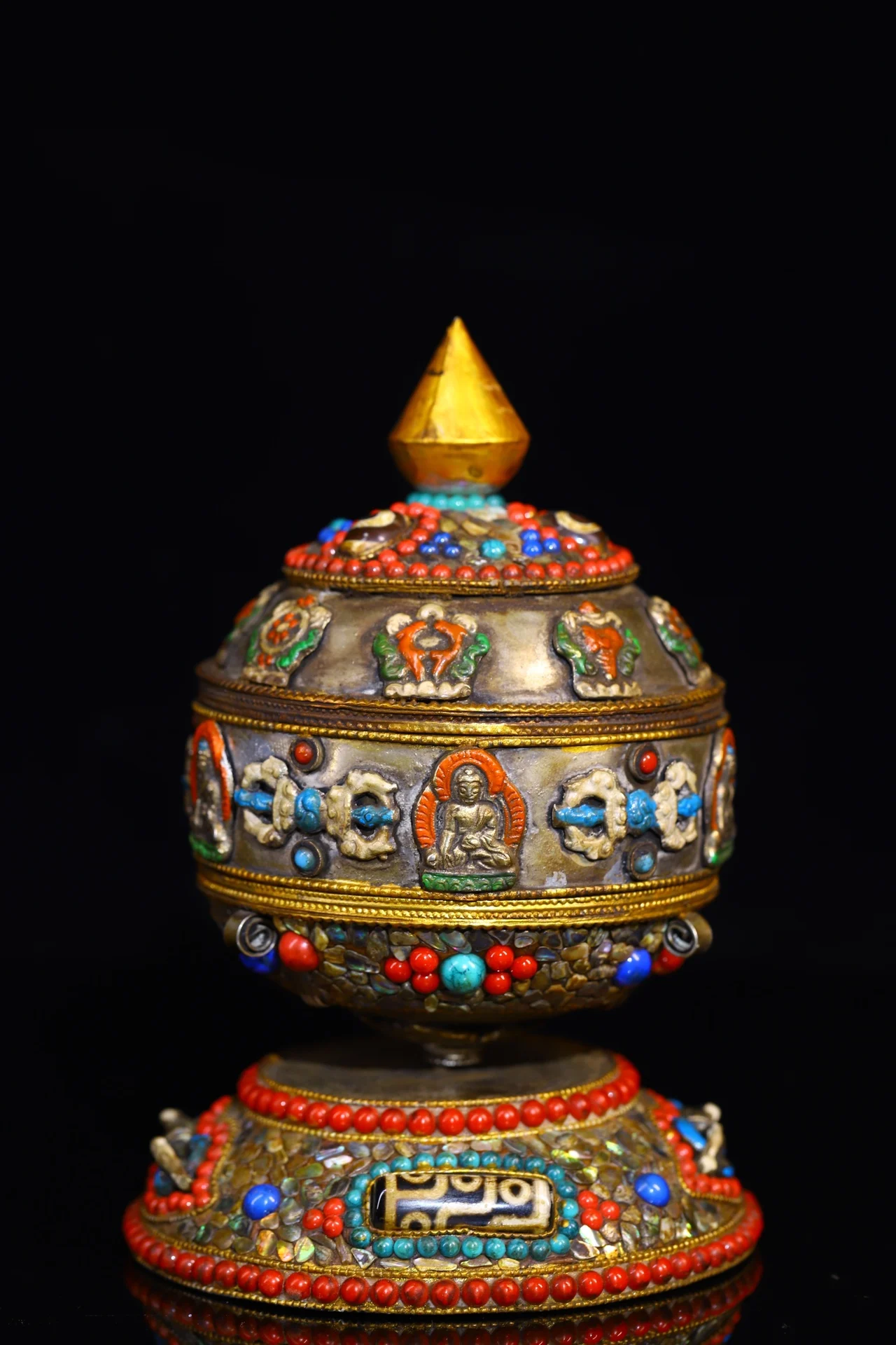 

6"Tibet Temple Collection Old Tibetan silver Painted Mosaic Gem Sakyamuni Vajra Prayer Wheel Old Scripture Amulet Exorcism