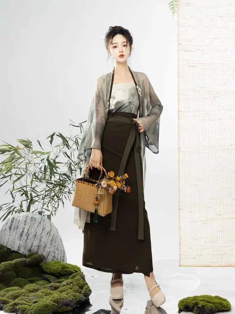 Modernized Chinese Ancient Hanfu Dress Women Party Outfit Summer Printed Short-sleeved Cardigan Wrap Skirt 3pcs Sets Hanfu