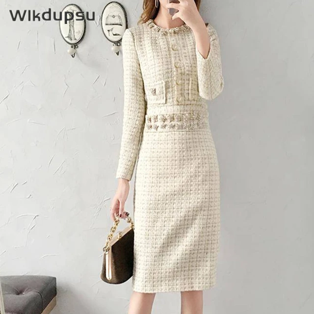 Luxury Elegant Tweed Woolen Dress Women Vintage High Quality Fashion  Designer Long Sleeve Office Ladies Midi Long Dresses Female - AliExpress