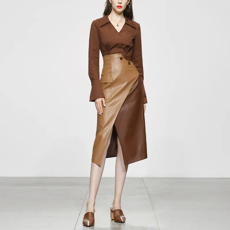 

Spring, Summer, and Autumn 2024 New Women's Fashion and Temperament Two Piece Brown Shirt PU Leather Skirt Long Dress Set