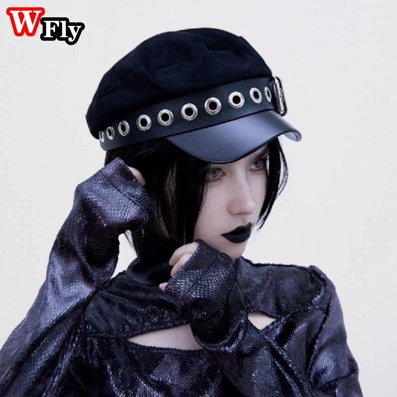 Y2K Harajuku Women Men Suede Cap Beret Punk Leather buckle