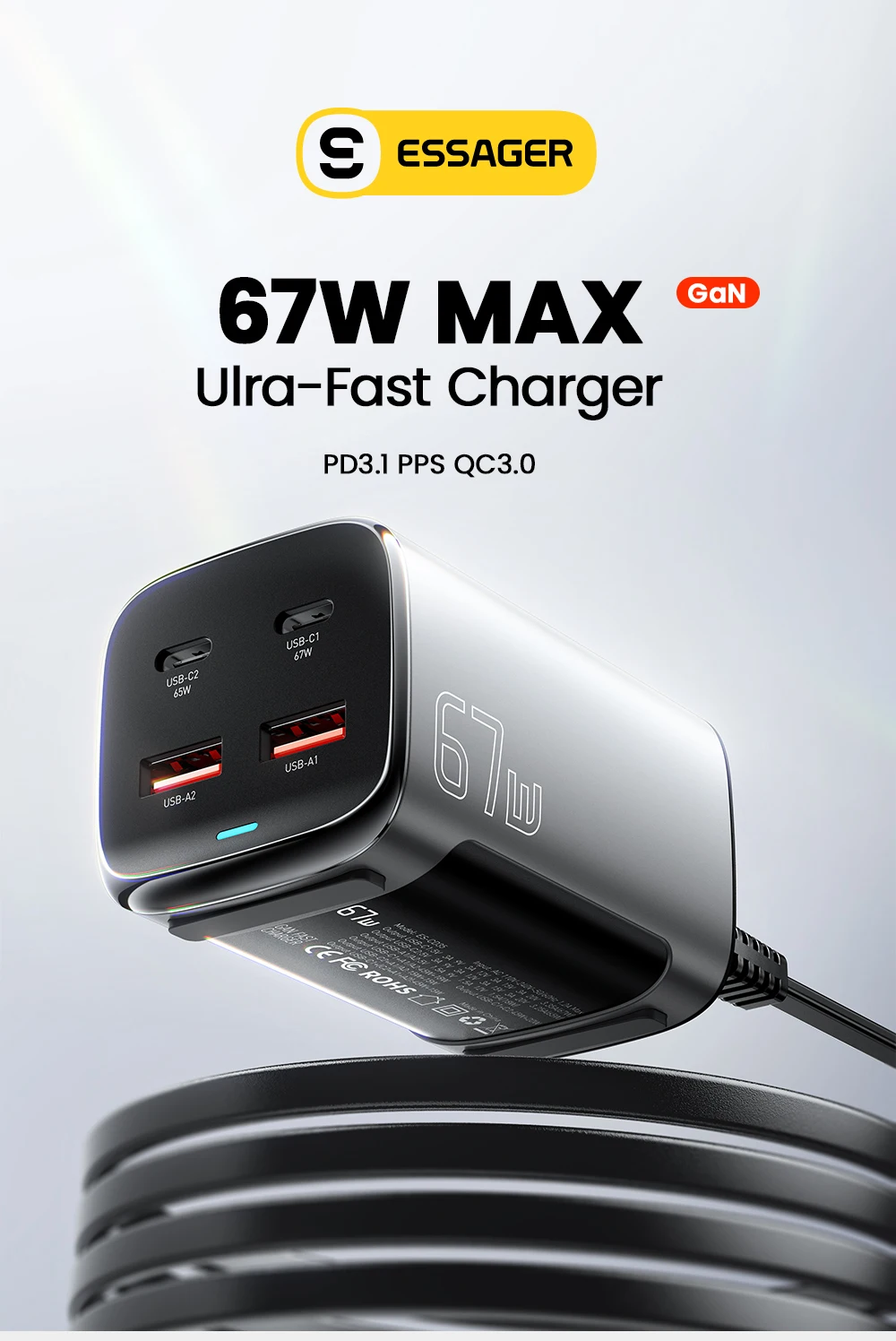 67W USB C GaN Charger Desktop Quick Charge3.0 PPS PD3.1 Fast Charging For MacBoo