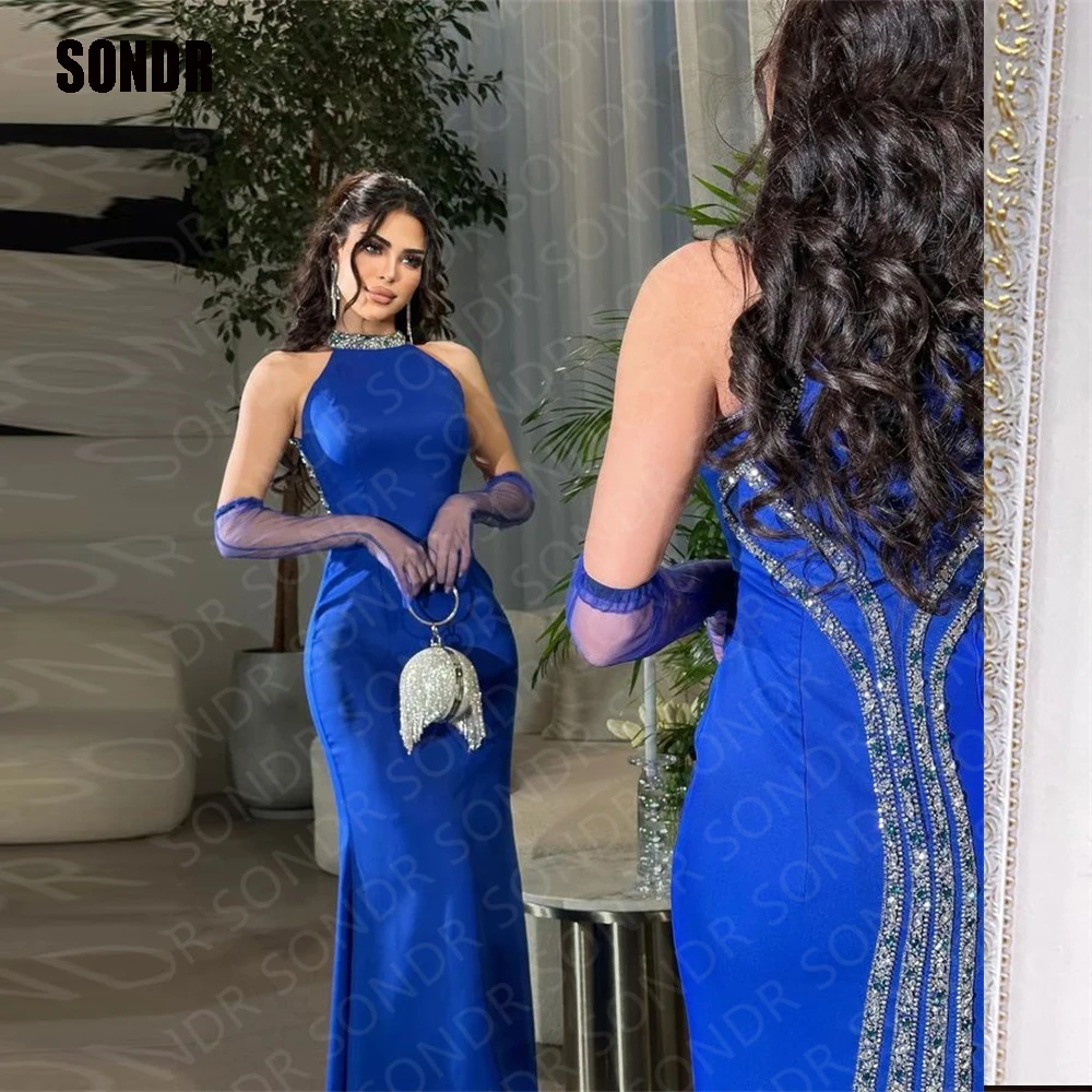 

SONDR Blue Shiny Sequins Dubai Evening Dress Long High Neck Floor Length Vintage Saudi Arabia Party Dresses Dresses 2023