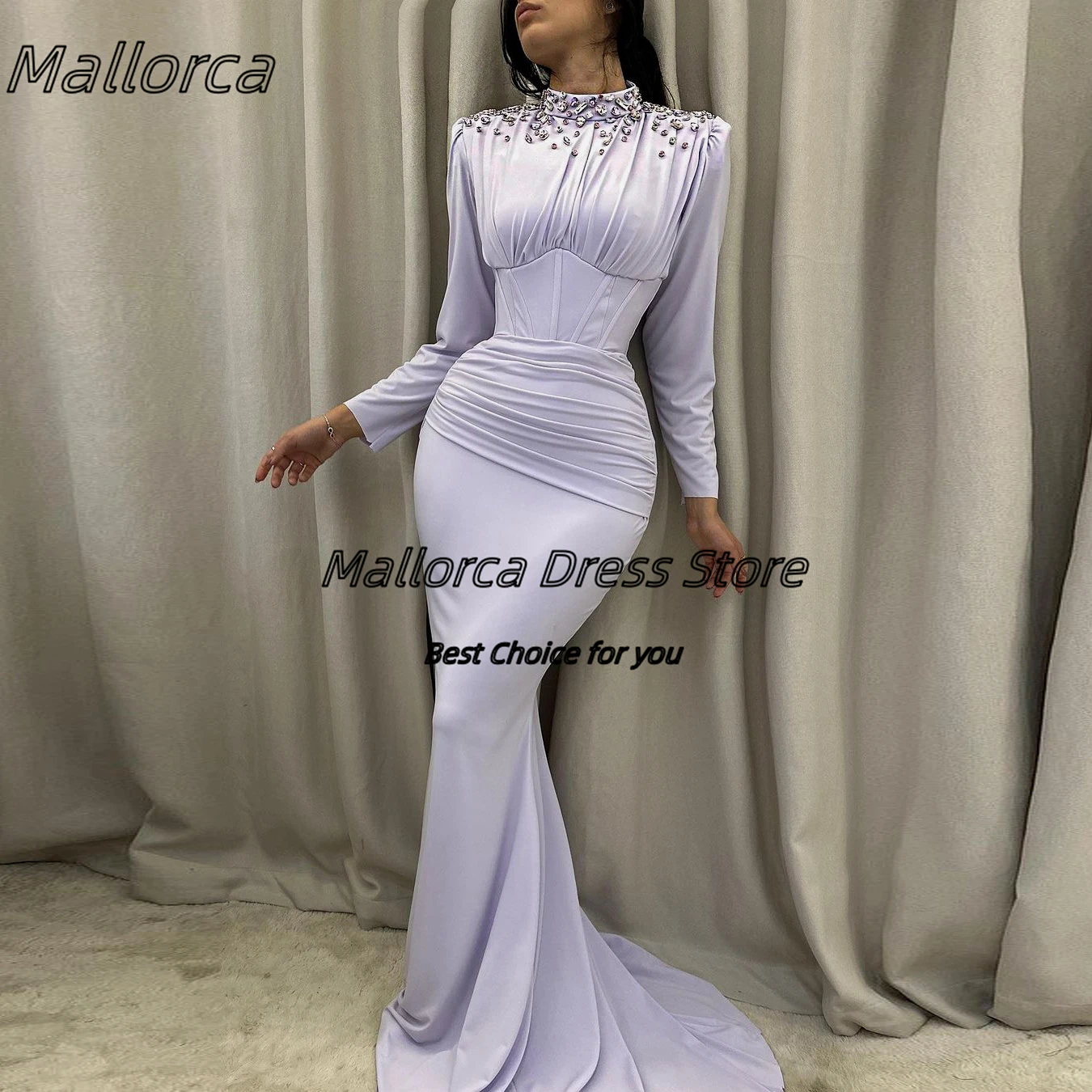 

Mallorca Evening Dresses Ruched Mermaid Long Sleeves Prom Dress High Collar Crystals Wedding Party Dress Zipper Back Formal Gown