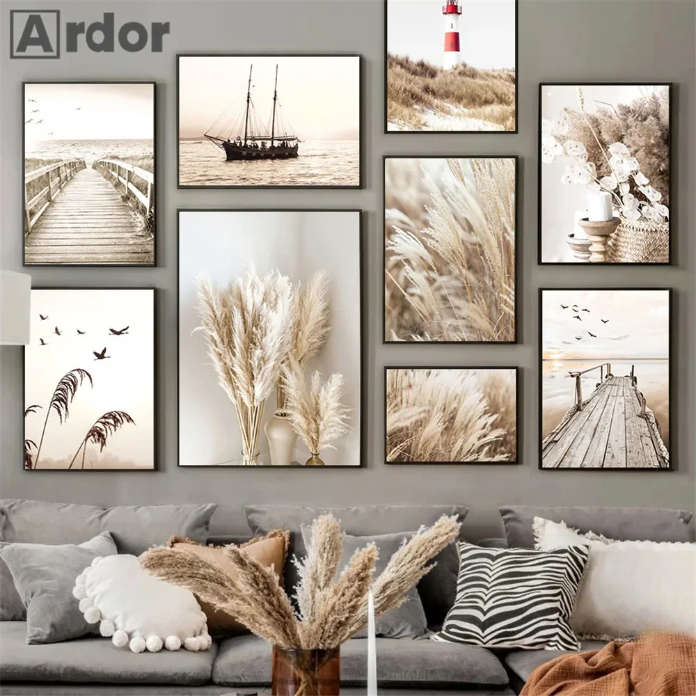 

Hay Plants Reed Canvas Painting Pictures Beige Scenery Posters Bridge Wall Art Prints Nordic Poster Living Room Home Decoration