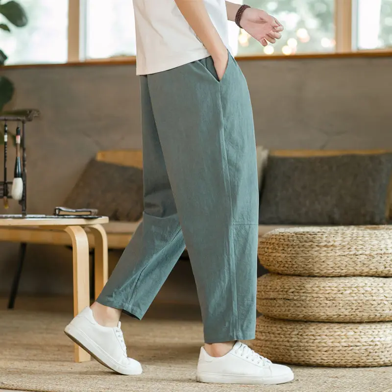 2023 Summer New Chinese Style Solid Color Casual Ankle Length Pants Man All-match High Waist Drawstring Pockets Wide Leg Trouser