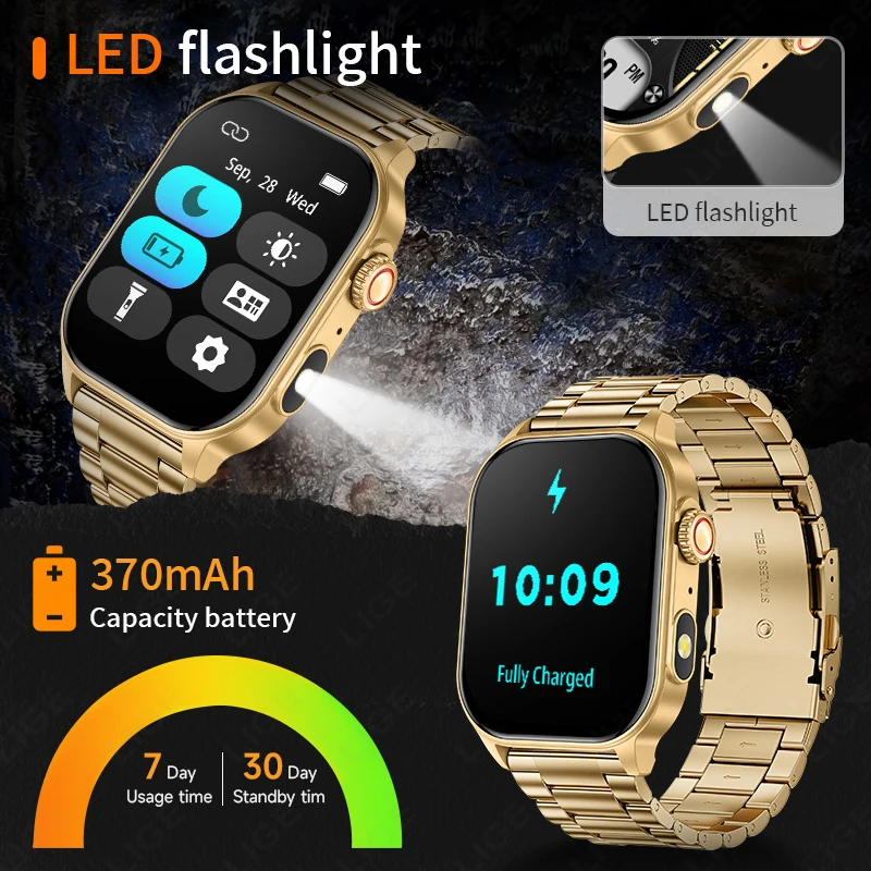 LIGE New Sports Smart Watch Make Answer Call Voice Assistant Flashlight Outdoor 370mAh Battery 2.01" HD Smartwatch For Men Women