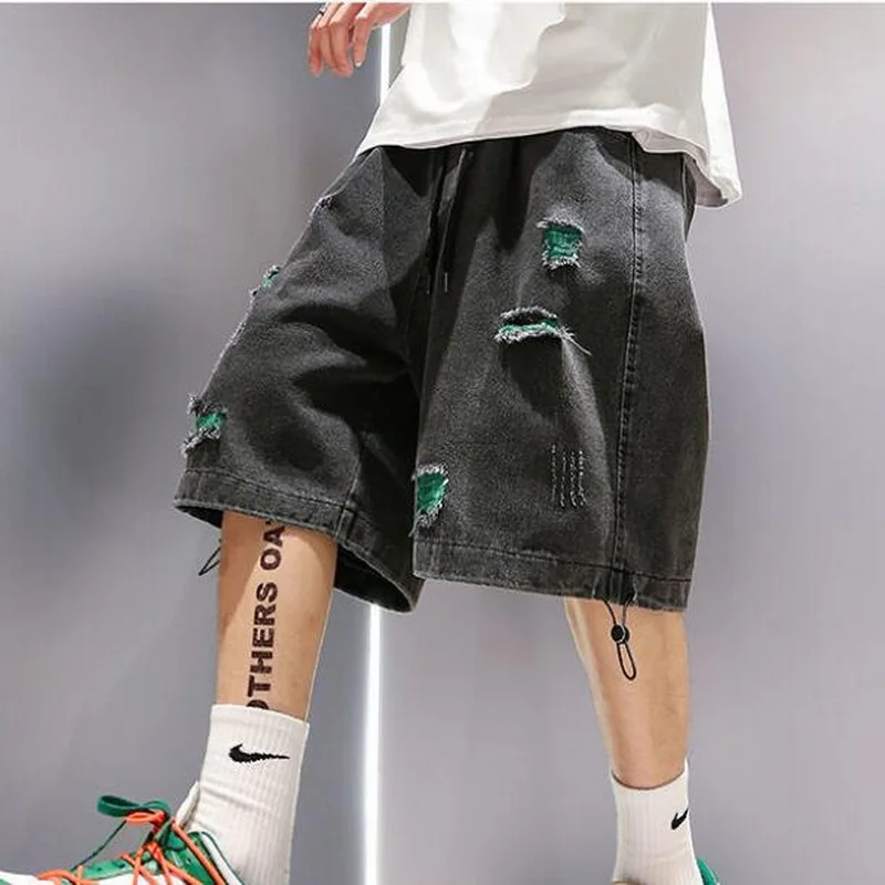 

Summer Ripped Denim Shorts Men's Wide-Leg Straight Jeans Loose Hip-Hop Pants Knee Length Jeans