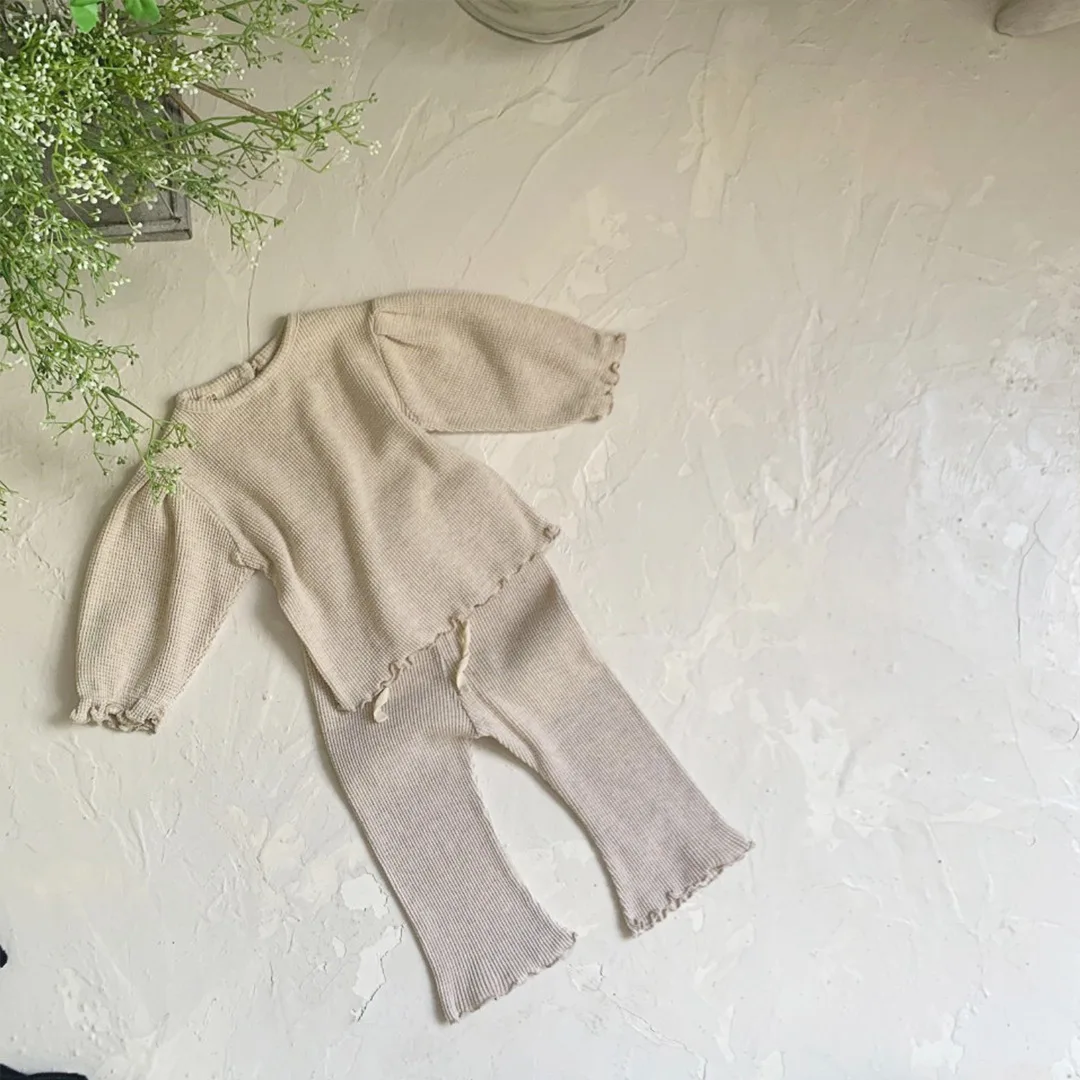 6914 Baby Clothing Set Autumn 2023 Korea Waffle Girl's Suit Long-sleeved T-shirt+ Wavy Hemmed Bell Bottoms Two Piece Suit 2