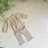 6914 Baby Clothing Set Autumn 2023 Korea Waffle Girl's Suit Long-sleeved T-shirt+ Wavy Hemmed Bell Bottoms Two Piece Suit 2