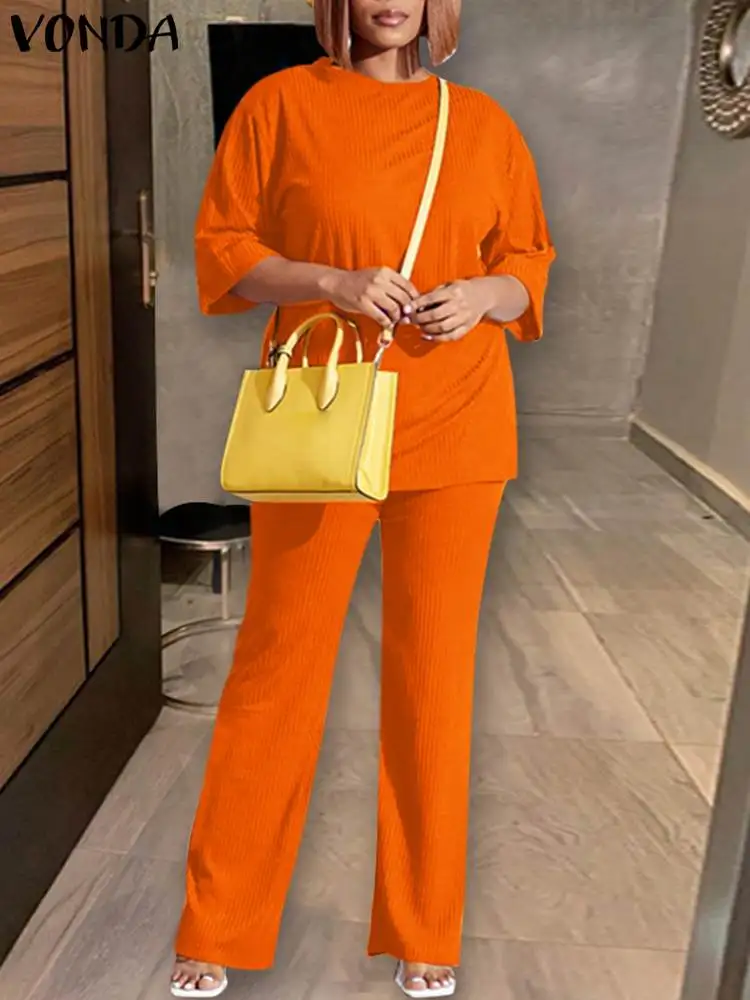 

Костюм брючный VONDA женский с круглым вырезом, модный топ с рукавом 2023 и брюки, повседневный однотонный костюм свободного покроя, комплект из 2 предметов, лето 3/4