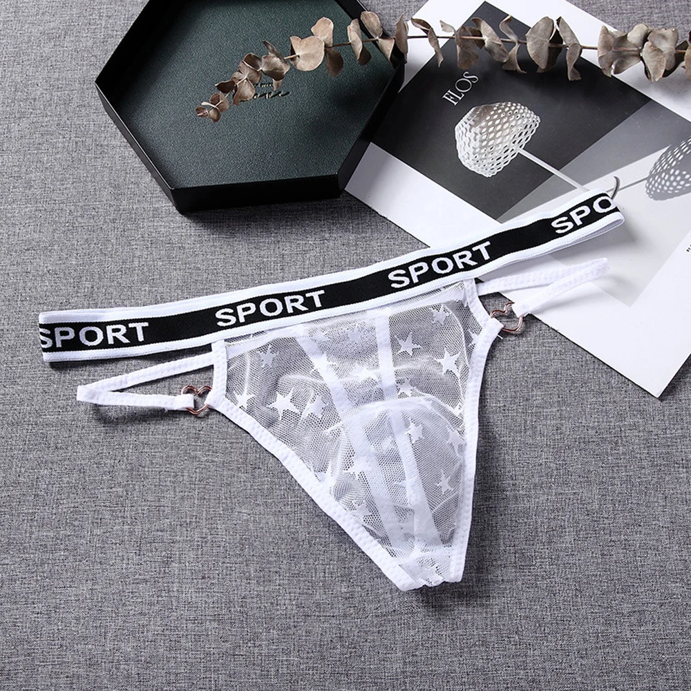 Mens Thongs Transparent Low Waist Briefs See English letter belt Lace flower pattern Quick Dry T-Back Pouch Underpants